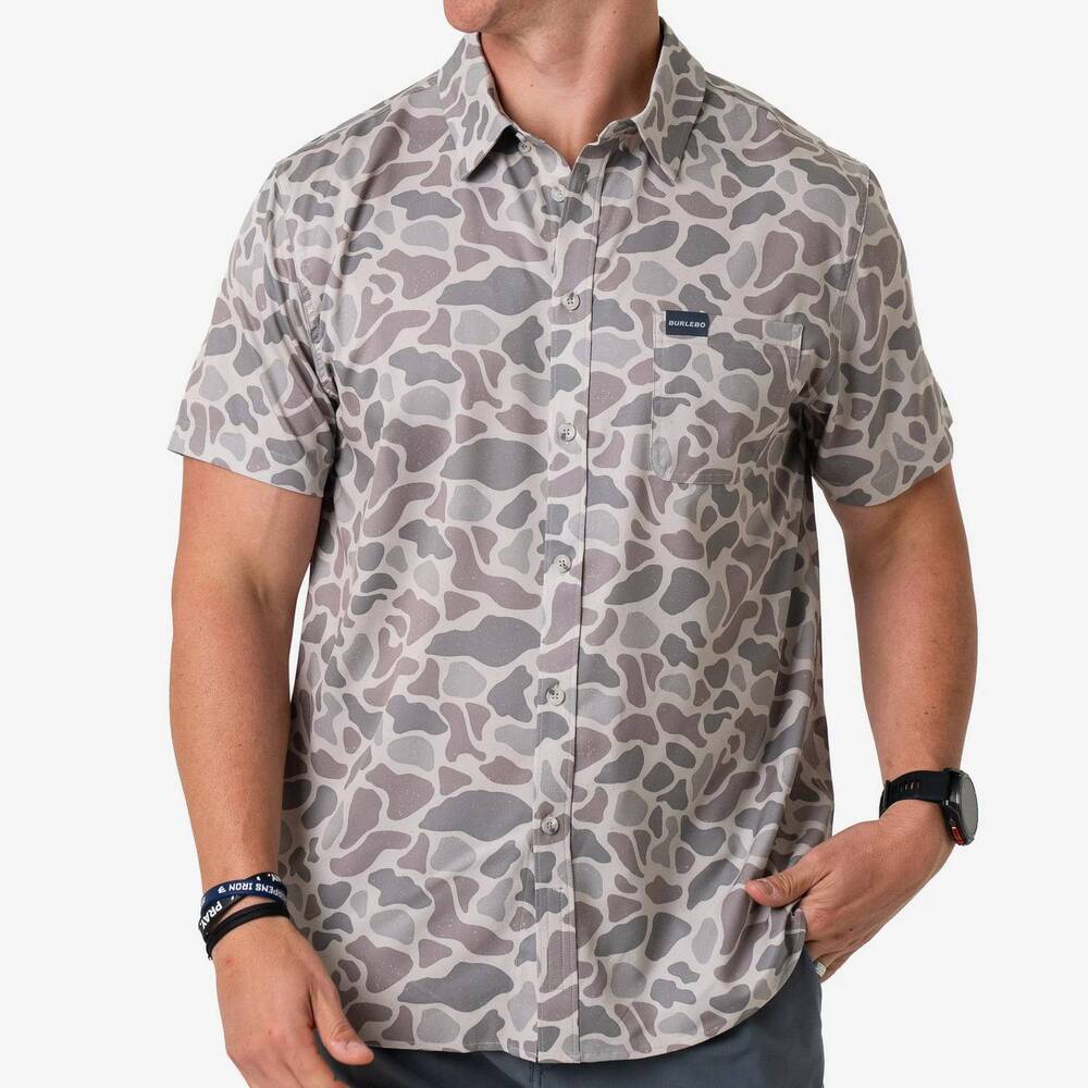 NEW BURLEBO performance button up shirt in classic deer camo